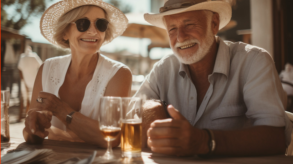 Happy Retired Couple sitting in mediteranian location enjoying life and having a drink
